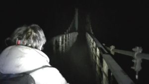 宮崎県都城市にある関之尾滝の夜の吊橋を渡るSKT